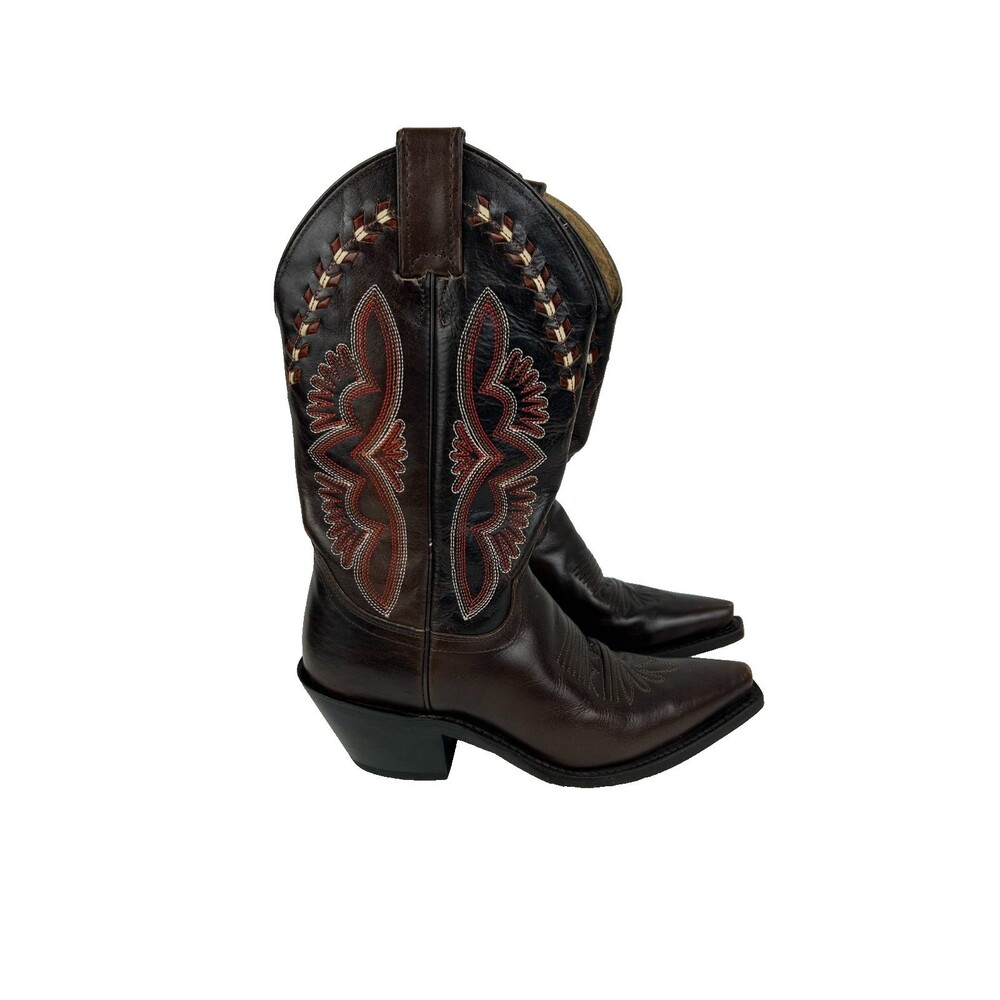 Justin Cowboy Boots Western Mid Calf Stitch Detail Pointed Toe Brown Leather 5.5